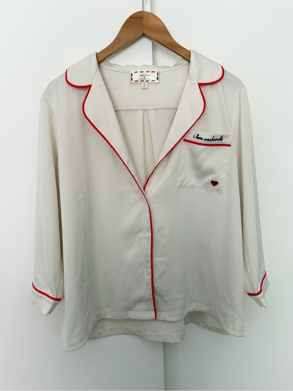 Dear Drew Satin Button Down Shirt Pajamas I love Weekends Drew Barrymore XL
